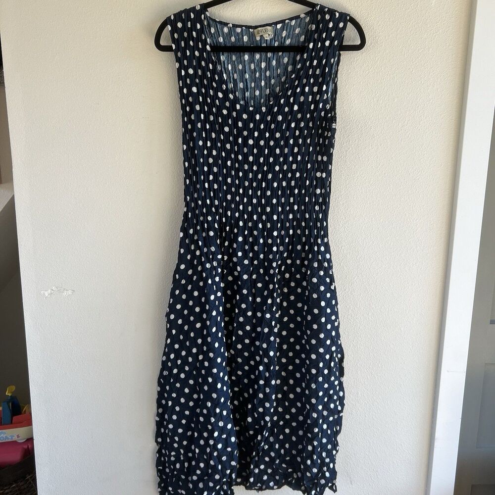 Alquema Polka Dot Crinkle Midi Dress Women’s M/L Black White Tank‎ Pockets